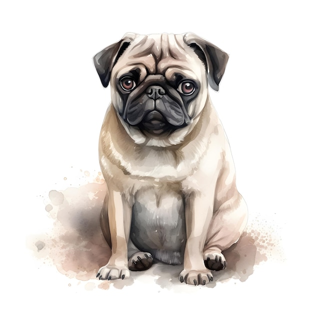 A pug dog with sad eyes sits on a white background.