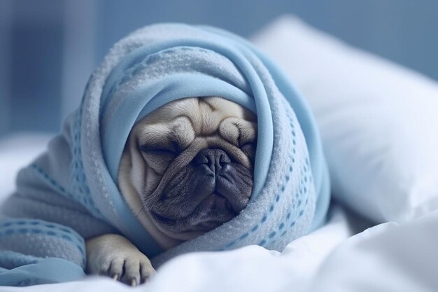 Photo a pug dog wrapped in a blue blanket