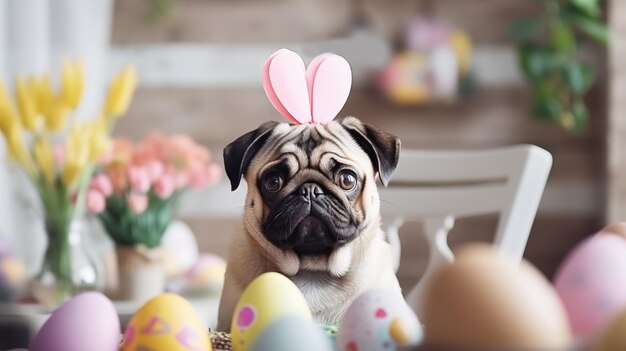 Photo pug in an easter bunny costume