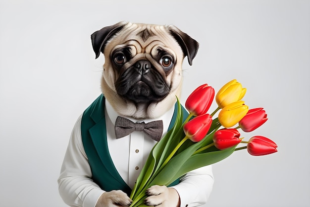 Pug hond in een pak met een boeket tulpen op een minimalistische achtergrond