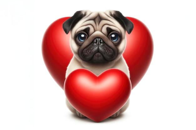 Pug hond met een groot rood hart op een stevige witte achtergrond