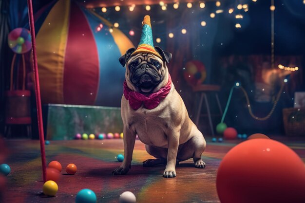 Pug hond verkleed als een clown in het concept van de circusvakantie grappige dieren generatieve ai