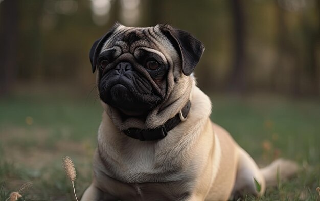 Pug is sitting on the grass in the park professional advertising post photo ai generated