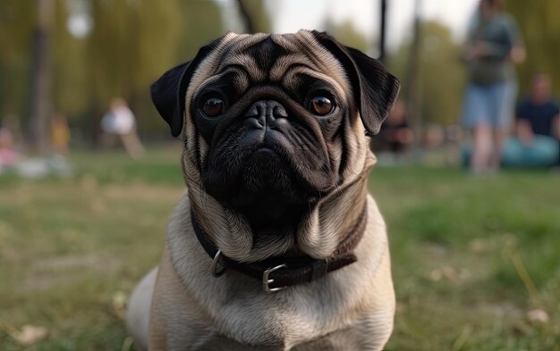 Pug is sitting on the grass in the park professional advertising post photo ai generated