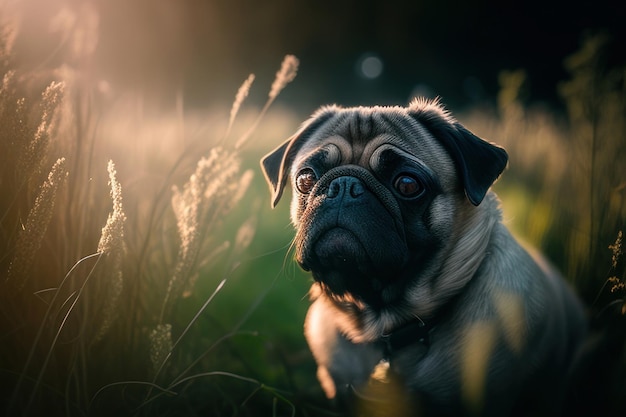 pug op een zonnige dag in het veld