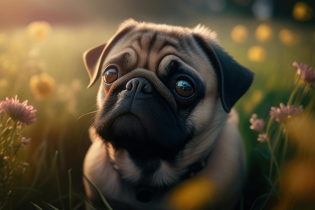 pug op een zonnige dag in het veld