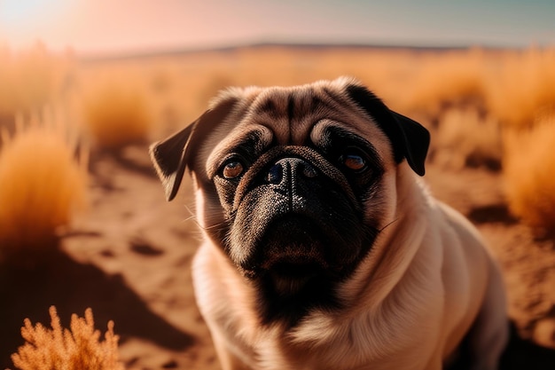 pug op een zonnige dag in het veld