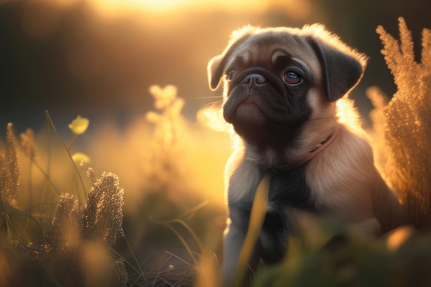 pug op een zonnige dag in het veld