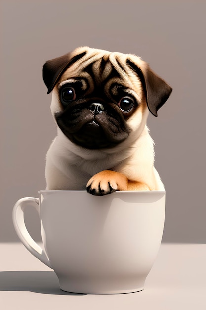 コーヒーのマグカップに入ったパグの子犬