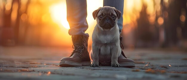 Pug puppy at sunset sitting by owner39s feet on a concrete walkway in the park Concept Pug Puppy Sunset Park Owner39s feet Concrete walkway
