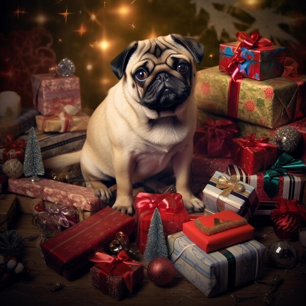 Photo a pug sits among presents under a christmas tree