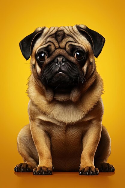 Photo the pug sits on a yellow background in the style of rendered in cinema4d