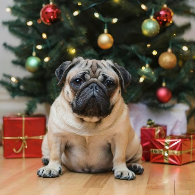 pug sitting under christmas tree