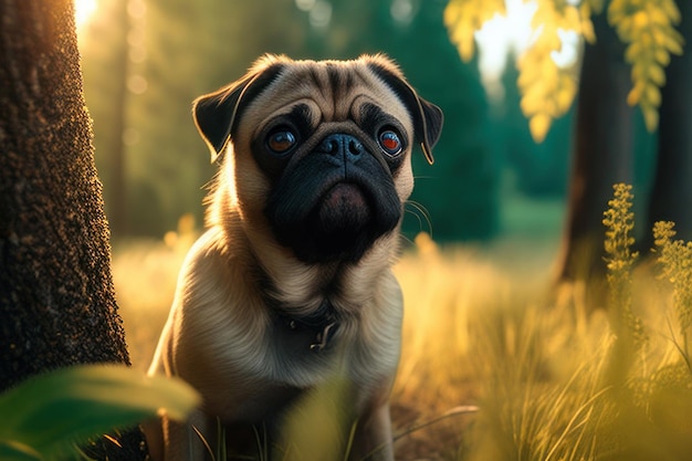 pug on a sunny day in the field