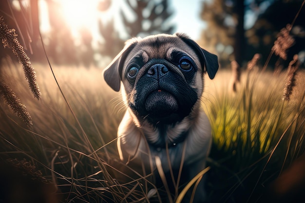 pug on a sunny day in the field