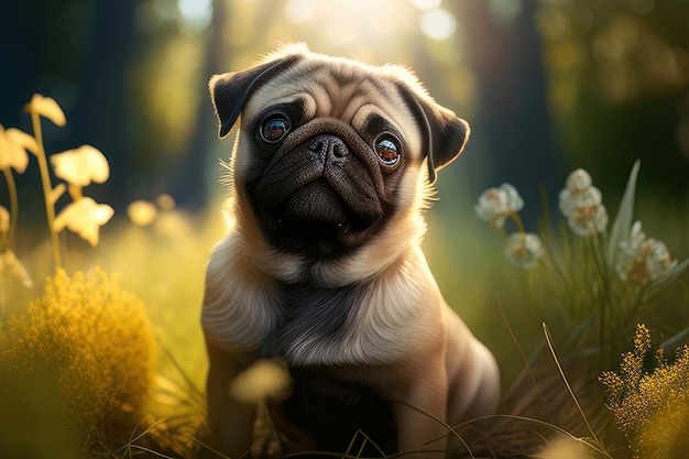 pug on a sunny day in the field