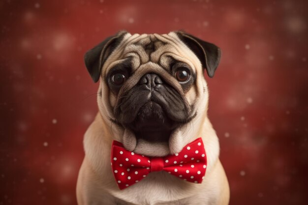 Pug wearing a red bow tie on a red background charm and playfulness of this dog breed