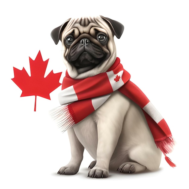 A pug wearing a red and white scarf and a maple leaf.