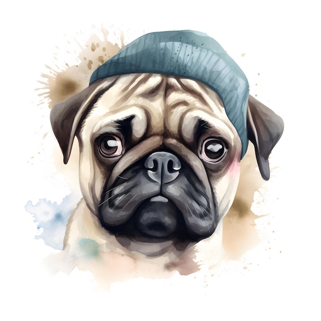 A pug with a blue hat is on a white background.