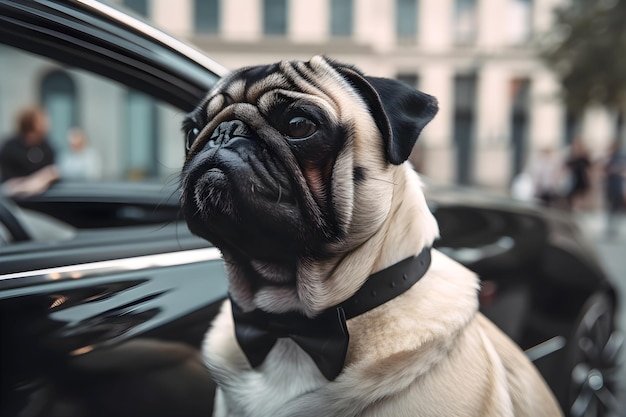 Pug with a bow tie in front a luxury car ai generative illustration