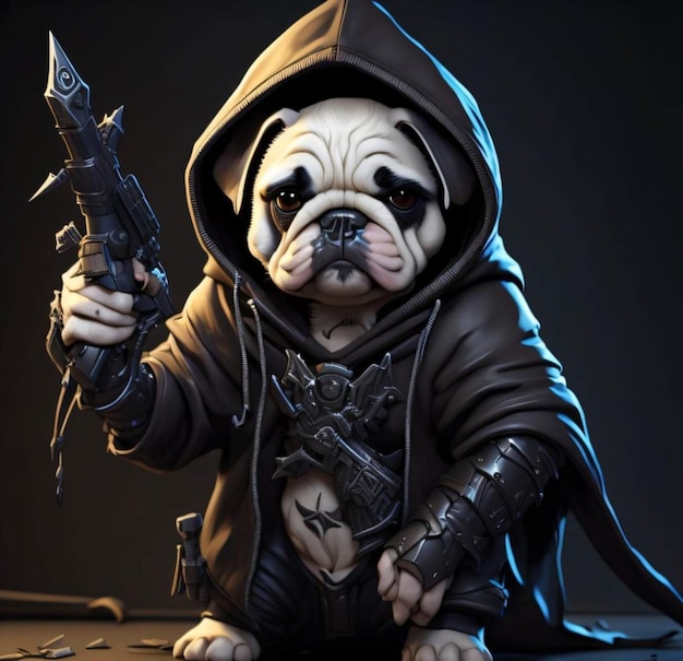 A pug with a gun is holding a gun.