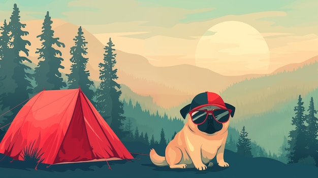 Photo pug with a tent on a hike in the mountains