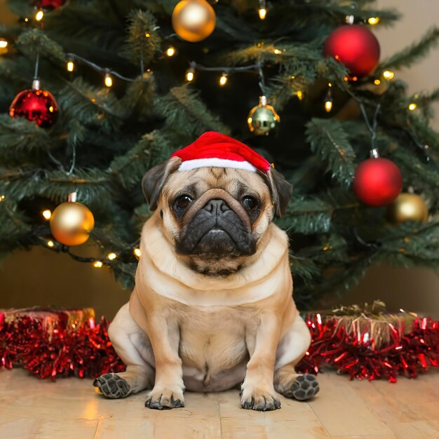 Pug zit onder de kerstboom.