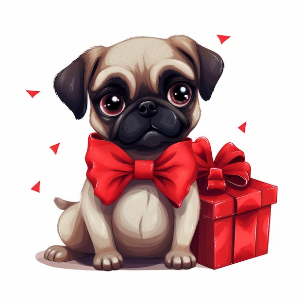 Puggy's Joyful Christmas Surprise A Cartoon Pug with a Festive Red Bow and a Delightful Gift on a W