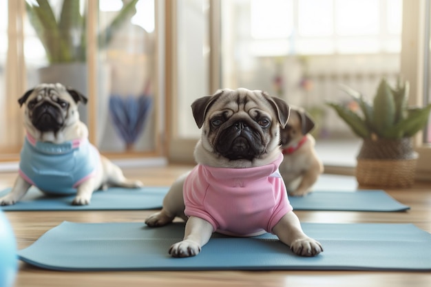 Foto pugs in sportieve kostuums beoefenen yoga met de nadruk op hun houdingen die flexibiliteit tonen