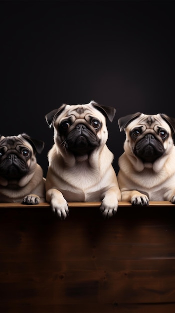 Pugs poseren met blanco karton in studio Mockup sjabloon Kopieer ruimte