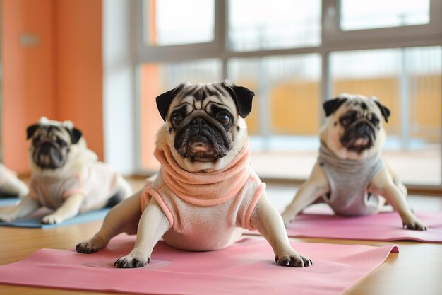 Foto pugs in costumi sportivi si impegnano nello yoga concentrandosi sulle loro pose che mostrano flessibilità