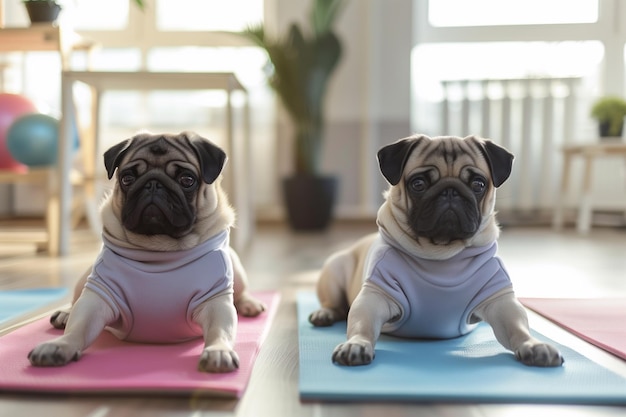 Pugs in sporty costumes engage in yoga focusing on their poses showcasing flexibility