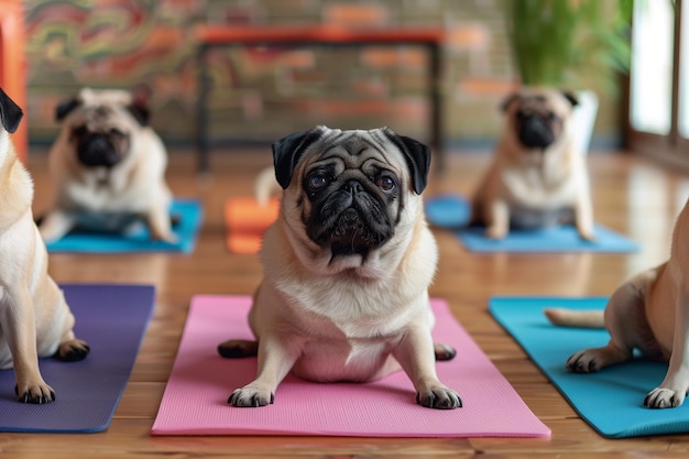 Pugs in sporty costumes engage in yoga focusing on their poses showcasing flexibility