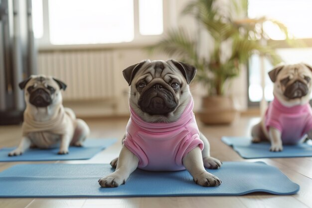 Pugs in costumi sportivi si impegnano nello yoga concentrandosi sulle loro pose che mostrano flessibilità