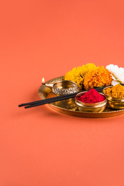 Puja or Pooja thali for worshipping God in Hindu religion