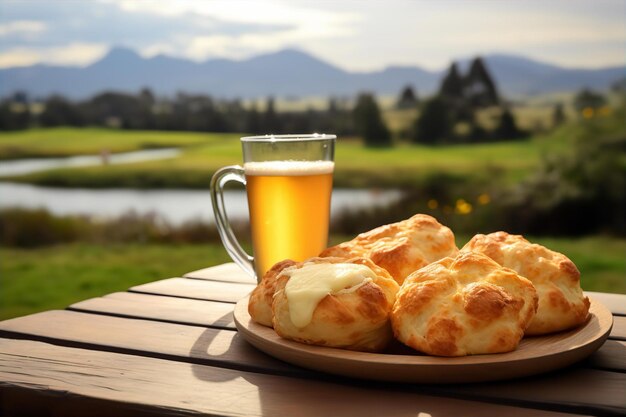 Pullapart kaasbrood met frisdrank voor de lunch op de houten tafel en natuur buiten achtergrond