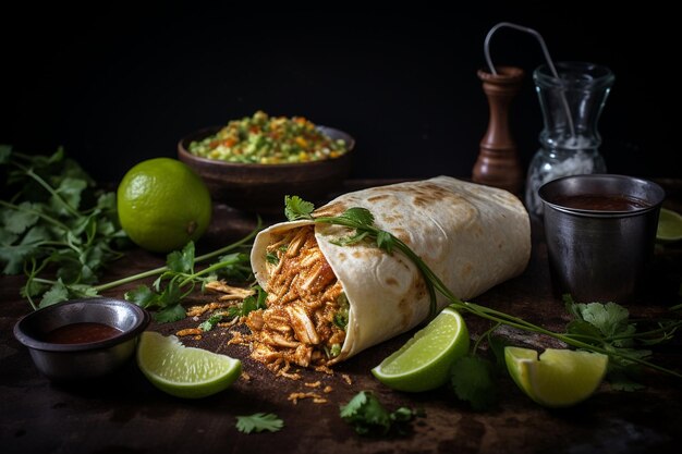 Photo pulled chicken burrito with adobo sauce