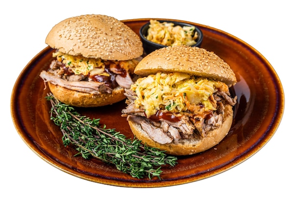 Pulled Pork meat Hamburger with coleslaw salad Isolated on white background