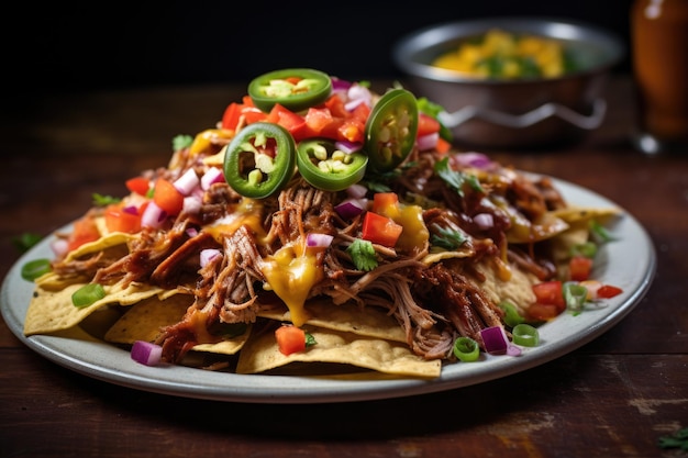 Pulled pork nachos met kaas en jalapenos