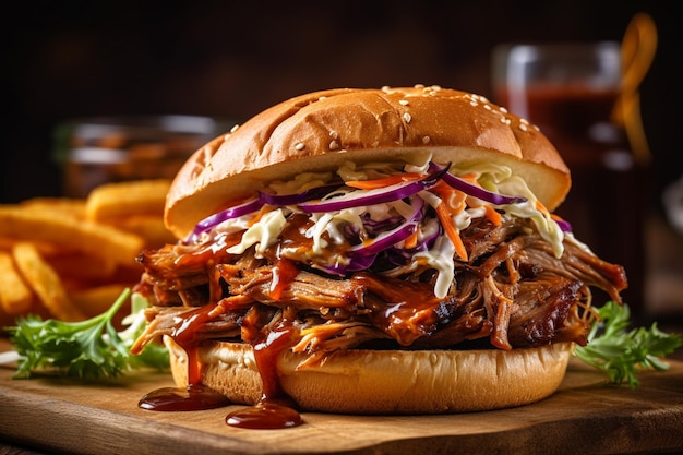 A pulled pork sandwich with coleslaw on a wooden board