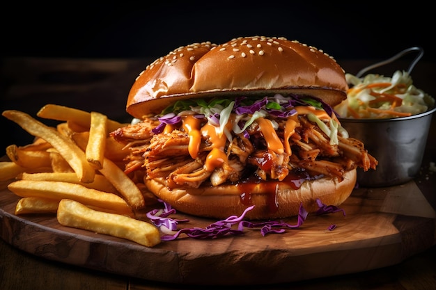 A pulled pork sandwich with fries on a wooden board