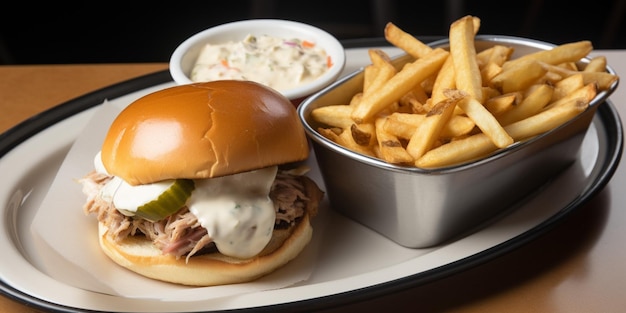 A pulled pork sandwich with a side of fries