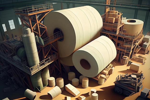 Целлюлозно-бумажная фабрика с бесконечными рулонами бумаги, созданная с помощью генеративного ИИ