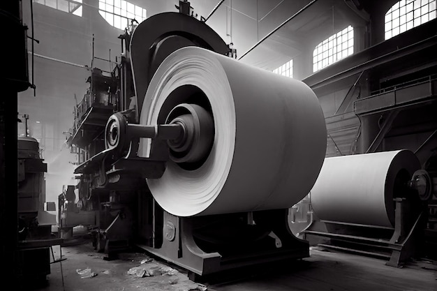 Pulp and paper factory with huge machines churning out rolls of paper created with generative ai