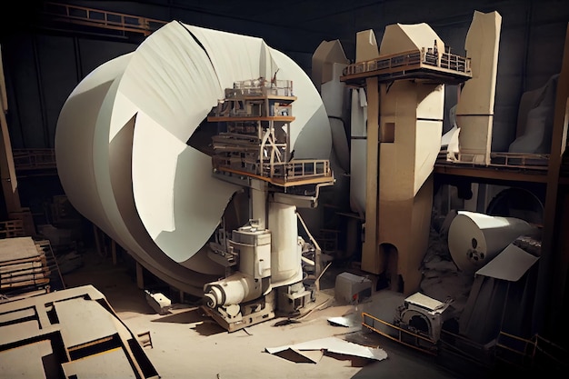 Pulp and paper factory with massive machines churning out sheets of paper created with generative ai