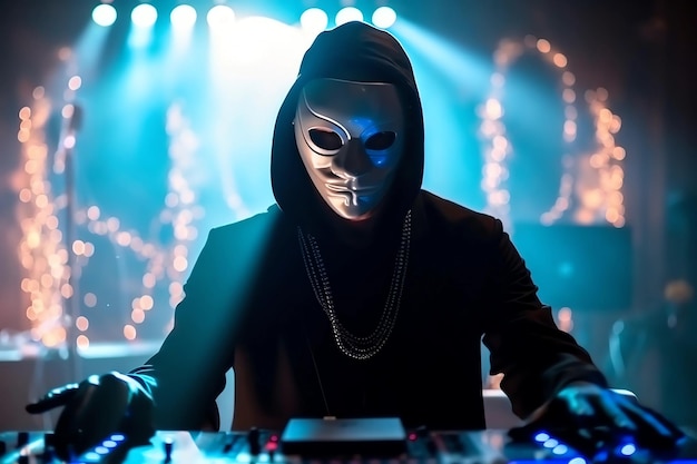 Pulsating Atmosphere Front View of a Masked DJ Surrounded by Glowing Bokeh Lights