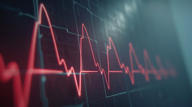 Пульсирующие линии сердечного монитора отбрасывают красный свет на темном клиническом фоне