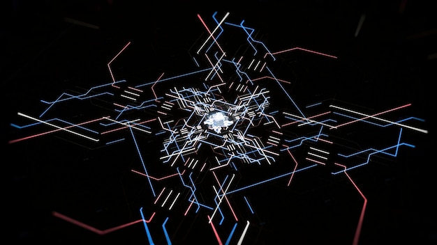 Pulsing neon pattern of lines on black background animation computer animation of motherboard