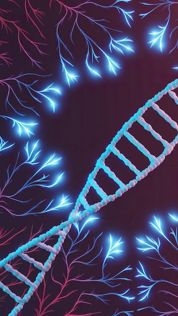 Pulsing neural network with slow rotating DNA double helix 3D render