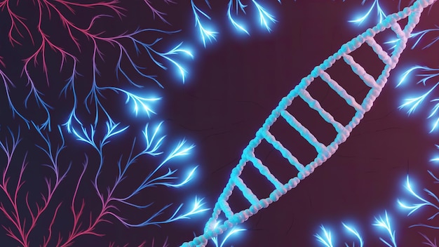 Pulsing neural network with slow rotating DNA double helix 3D render
